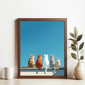 Minimalistische Katzen an der Wand Kunst Druck - Moderne Katzenliebhaber Poster, Fünf Katzen beobachten den Himmel Illustration, ruhige Haustier Wanddekoration für Zuhause