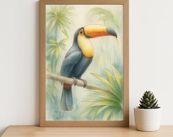 Tropische toekan aquarelprint - junglevogel kunst aan de muur, kleurrijke snavel wildlife illustratie, exotisch natuur decor voor vogelliefhebbers