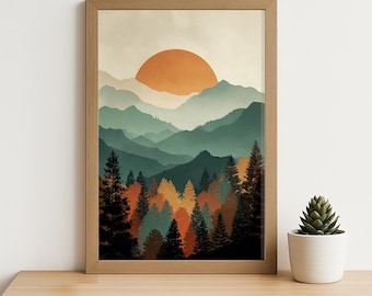Sunset Forest Mountain Print – Autumn Landscape Wall Art, Nature Digital Download, Retro Scenic Poster, Warm Earth Tone Minimalist Decor