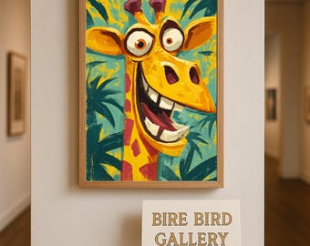 Divertido póster digital de jirafa de dibujos animados para pared: atrevida lámina con retrato de animal a todo color, decoración selvática original, póster digital para habitación infantil.