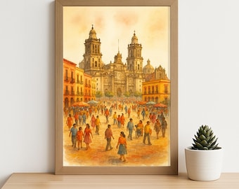 Watercolor Painting of Mexico City Zócalo - Historic Cathedral Plaza, Urban Street Market Scene, Vibrant Latin American Wall Art Print