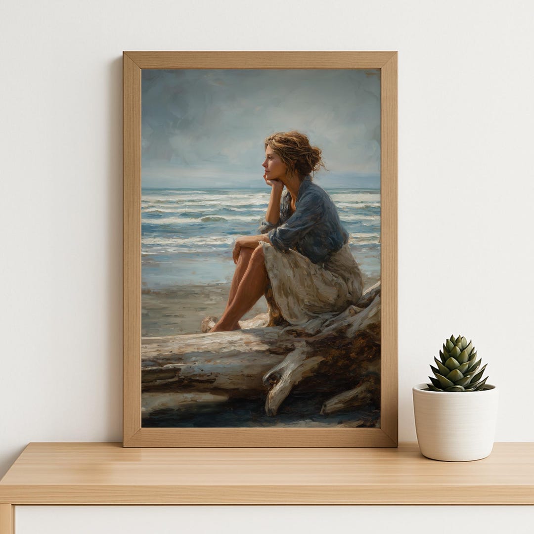 Woman by the Sea Art Print: Coastal Oil Painting Wall Decor, Reflective ...