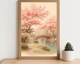 日本庭園の水彩画：桜と桜池の風景 - Etsy 日本