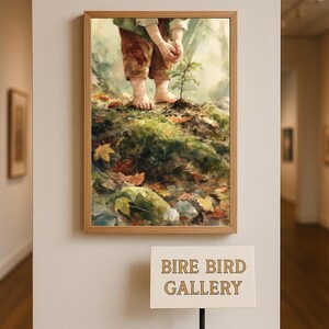 Könnte beinhalten: Ein gerahmtes Aquarellgemälde zeigt eine Person, die einen kleinen Baum in einer moosigen Umgebung pflanzt. Das Kunstwerk weist eine natürliche Farbpalette mit Grün-, Braun- und Gelbtönen auf. Das Gemälde wird in einer Galerie ausgestellt.