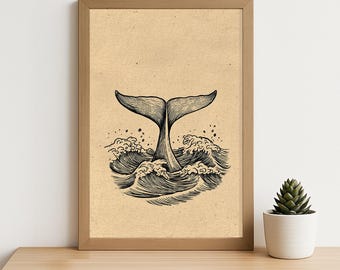 Vintage Whale Tail Hand-Drawn Poster – Ocean Nature Wall Art for Beach House Decor, Marine Life Printable Art with Retro Texture