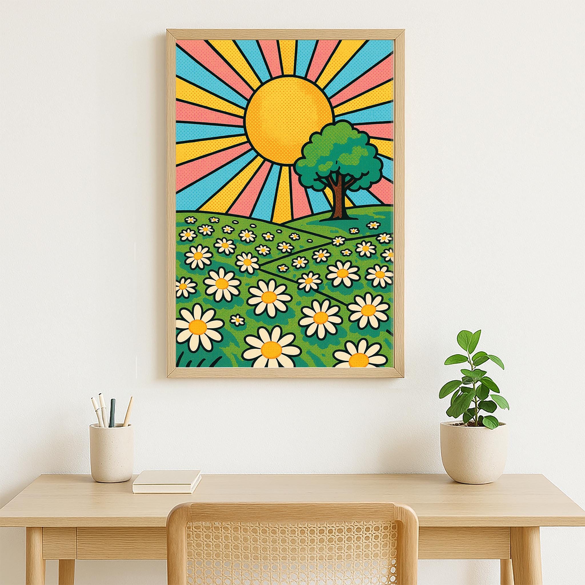 Retro Sunshine Daisy Field Wall Art – Groovy Pop Art Landscape