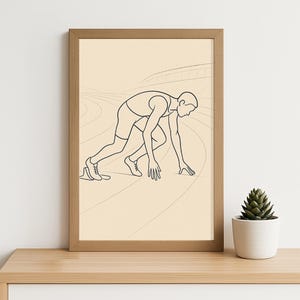 Minimalist Runner Line Art Print - Athlete in Starting Position on Track, Elegant Modern Sports Poster for Gym or Motivation Wall Decor