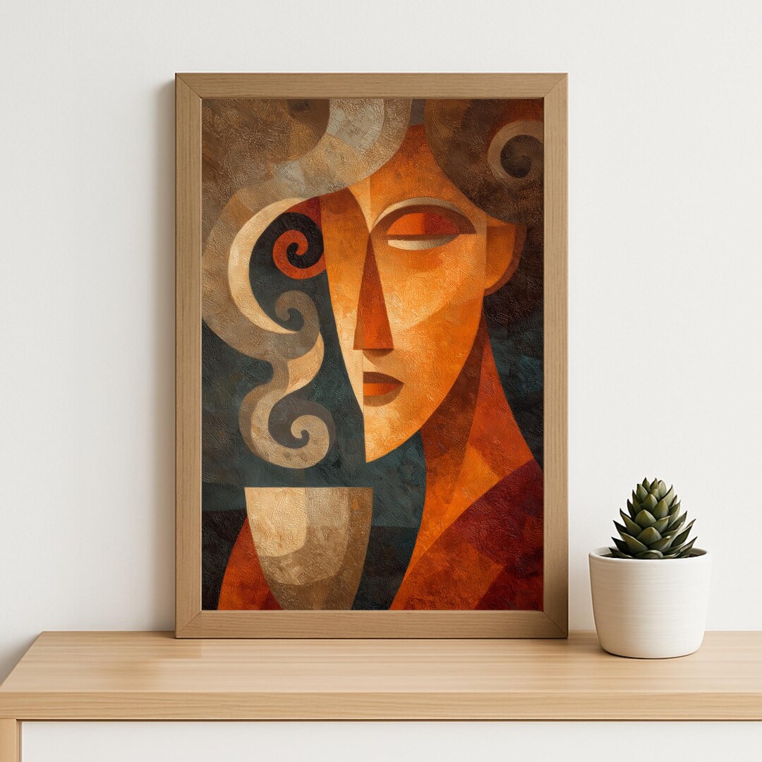 Cubist Coffee Woman Wall Art – Abstract Modern Face Print With Steamy ...