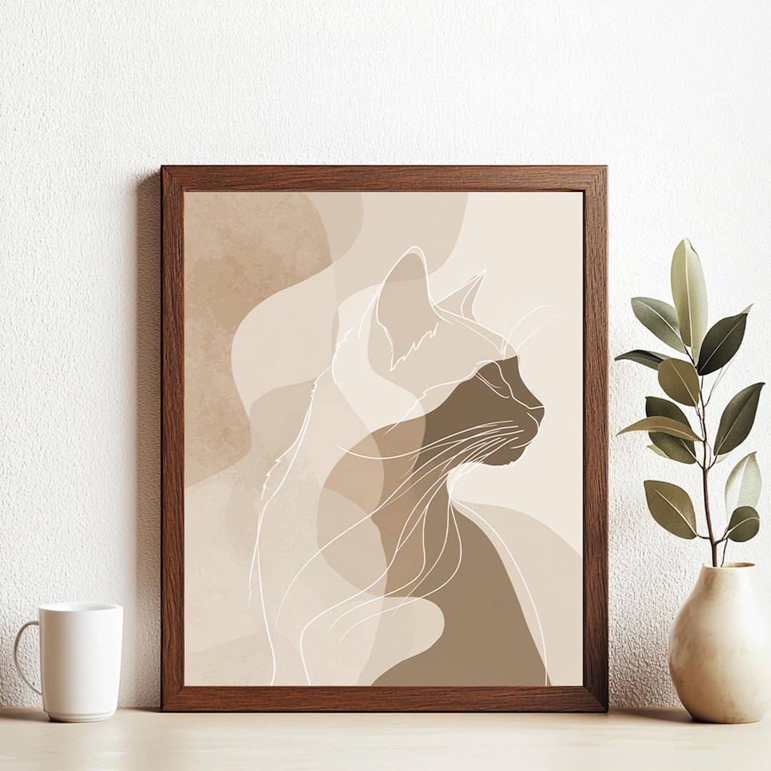Boho Minimalist Line Art Print, Neutral Wall Art Download, Abstract Cat ...
