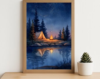 Campfire Night Under Stars Art: Cozy Tent Watercolor Landscape, Forest Camping Lake Reflection Print (Digital Download)