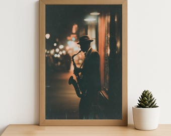 Jazz Saxophone Street Musician Print: Noir NYC Night Scene Wall Art, Retro Film Grain Jazz Bar Photography Poster (Digital Download)