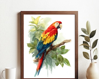 Bunter Papagei Wand Kunst Printable | Tropischer Dschungelvogel Digitaler Download | Boho Tier Poster | Ara Illustration fürs Kinderzimmer