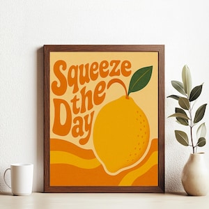 Lámina de pared retro de limón: frase "Exprime el día", póster de cocina moderno de los años 70, ilustración vintage de limón
