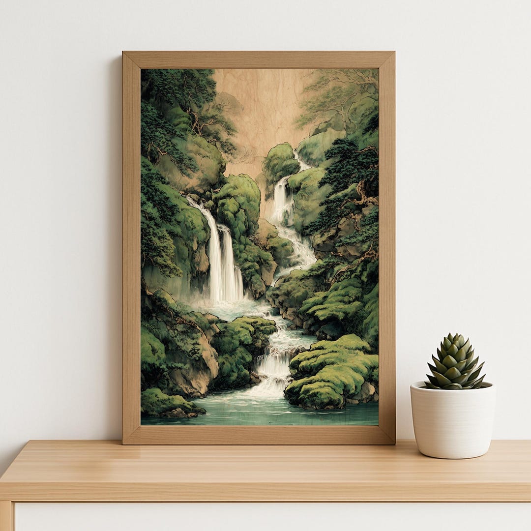 Japanese Waterfall Art Print: Traditional Ink Landscape Wall Art ...