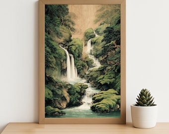 Japanese Waterfall Art Print: Traditional Ink Landscape Wall Art, Serene Nature Painting, Zen Waterfall Decor (Digital Download)