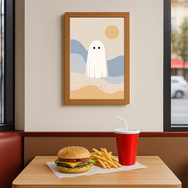 May include: A framed art print with a minimalist ghost illustration on a beach scene with a yellow sun. The image is displayed above a table with a burger, fries, and a red drink cup.
