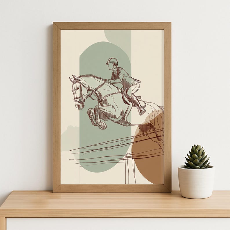Equestrian Horse Jumping Line Art Print – Minimalist Modern Rider Wall ...
