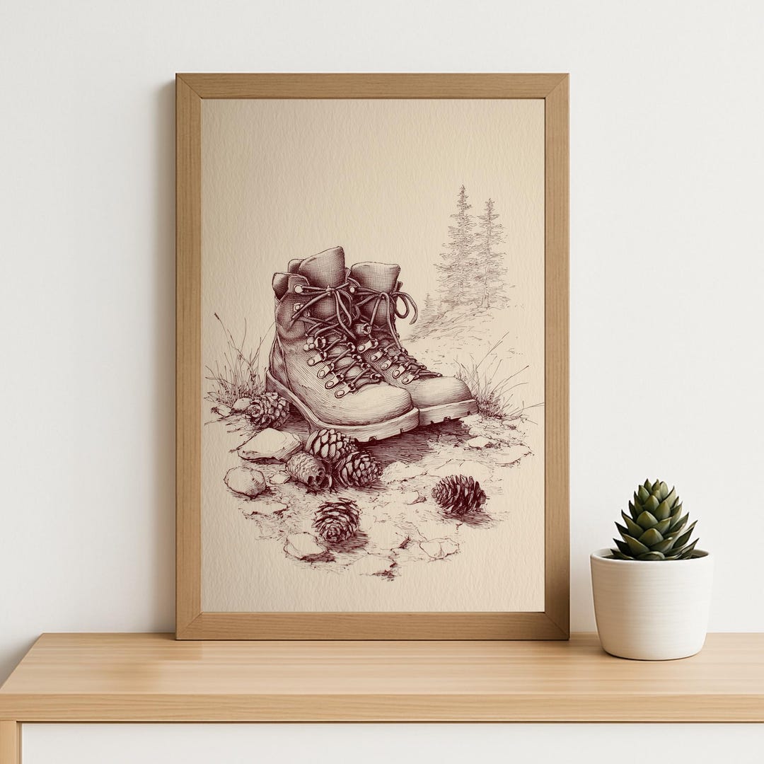 Hiking Boots Line Art Print: Vintage Wilderness Sketch With Pinecones ...