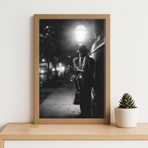 1950s Harlem Jazz Saxophone Photo Poster – Vintage Black and White Street Music Wall Art for Lounge, Studio, Bar or Urban Decor