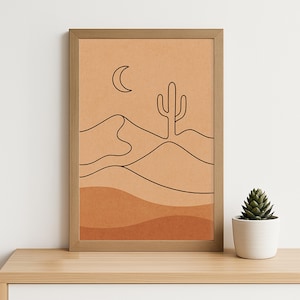 Minimalist Desert Line Art Print - Moon and Cactus Illustration in Warm Earth Tones, Modern Boho Wall Decor for Bedroom or Living Room