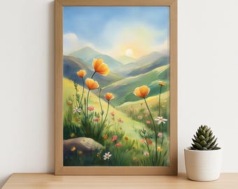 Sunny Wildflower Meadow Art Print- Peaceful Mountain Sunrise Landscape, Watercolor-Inspired Blooming Nature Wall Decor for Home