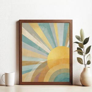 Retro Sunrise Wall Art, 70s Style Abstract Sun Rays Print, Vintage Boho Pastel Sun Poster