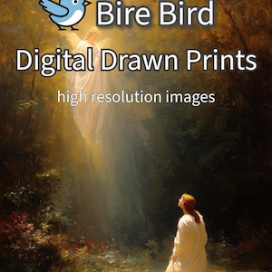 May include: Digital art print featuring a serene scene with a figure kneeling in a forest, bathed in light. The image includes the text "Bire Bird Digital Drawn Prints" and "high resolution images". The artwork has a warm color palette with a focus on light and shadow.