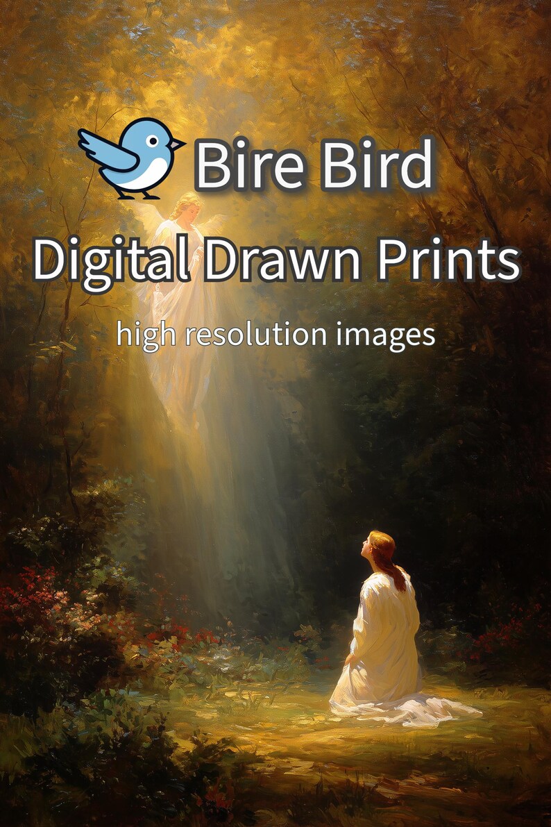 May include: Digital art print featuring a serene scene with a figure kneeling in a forest, bathed in light. The image includes the text "Bire Bird Digital Drawn Prints" and "high resolution images". The artwork has a warm color palette with a focus on light and shadow.