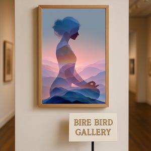 以下が含まれることがあります： 瞑想のポーズをとる人物の穏やかなシルエットが、青、紫、オレンジ色の山々の風景に重ねられた額入りのアートプリント。アートワークはギャラリーに展示されています。
