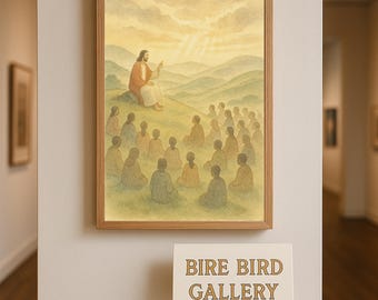 Jesus Teaching on the Mount Watercolor Print – Peaceful Biblical Art for Christian Wall Decor, Sermon on the Mount Religious Poster