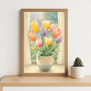 May include: A framed watercolor print of a vase filled with colorful tulips. The tulips are in shades of yellow, pink, orange, and purple. The vase is light blue and cream. The background shows a window with curtains and a garden.