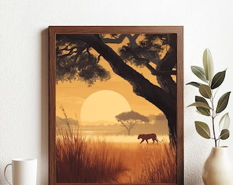 African Savannah Sunset Wall Art Printable, Wild Cat Silhouette Landscape Poster, Safari Nature Decor Digital Download Wildlife Illustration