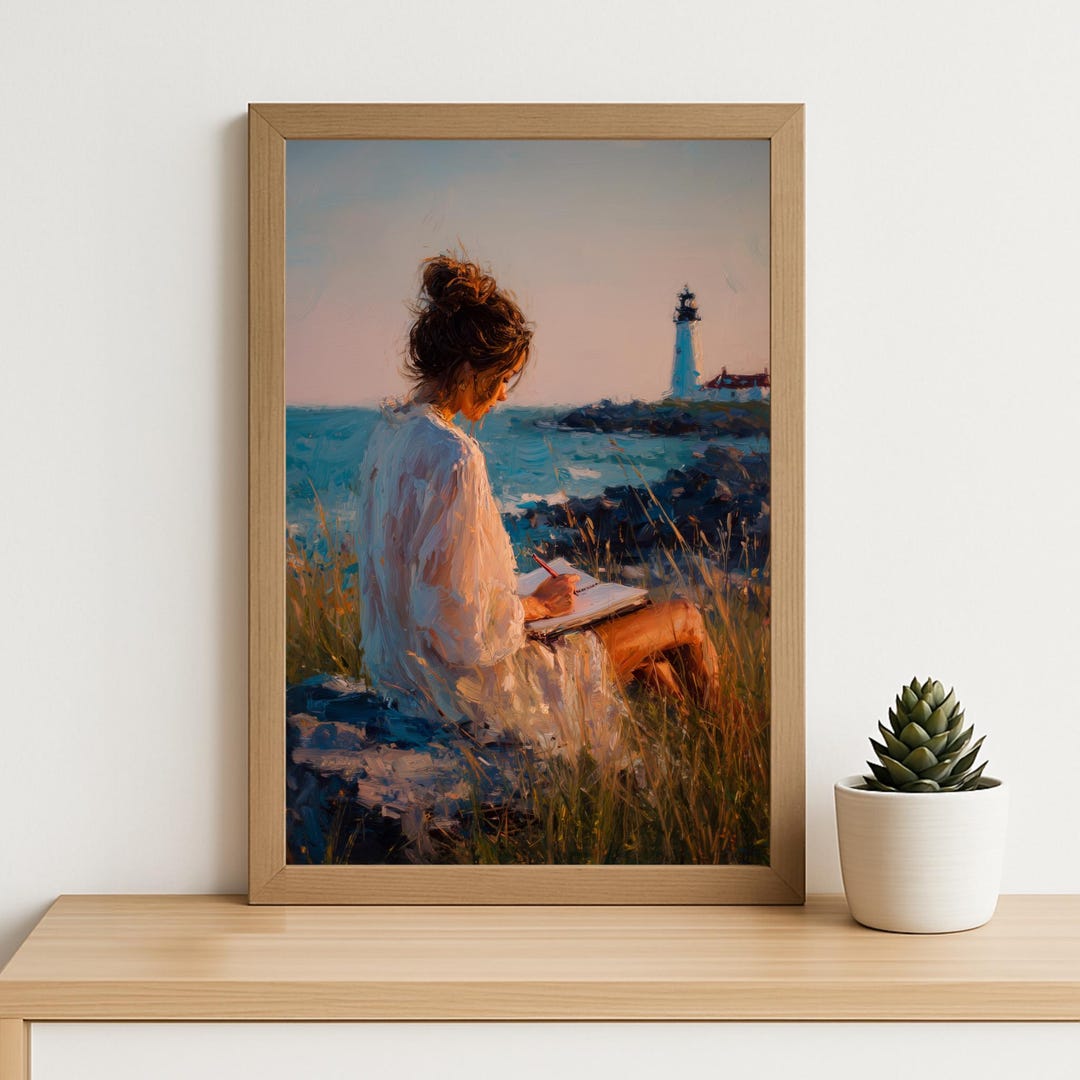 Seaside Lighthouse Girl Oil Painting Print: Coastal Sunset Wall Art ...