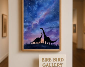 Dinosaur Silhouette Under Starry Sky – Watercolor Prehistoric Night Wall Art for Kids, Nurseries, and Dinosaur Lovers