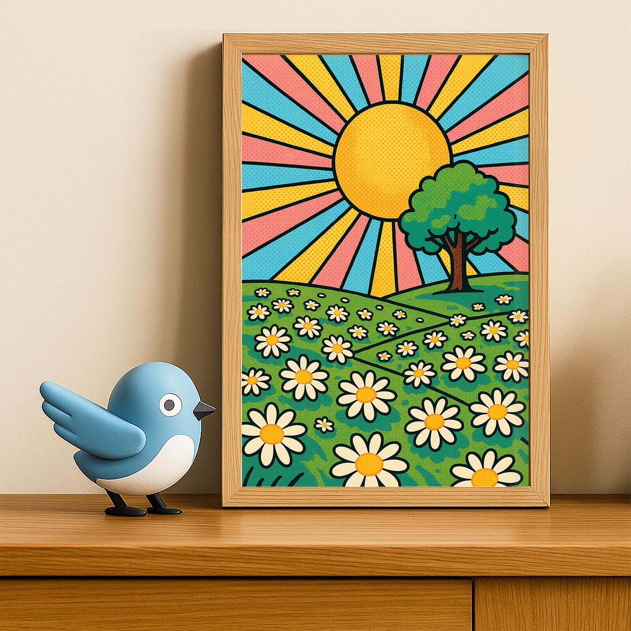 Retro Sunshine Daisy Field Wall Art – Groovy Pop Art Landscape