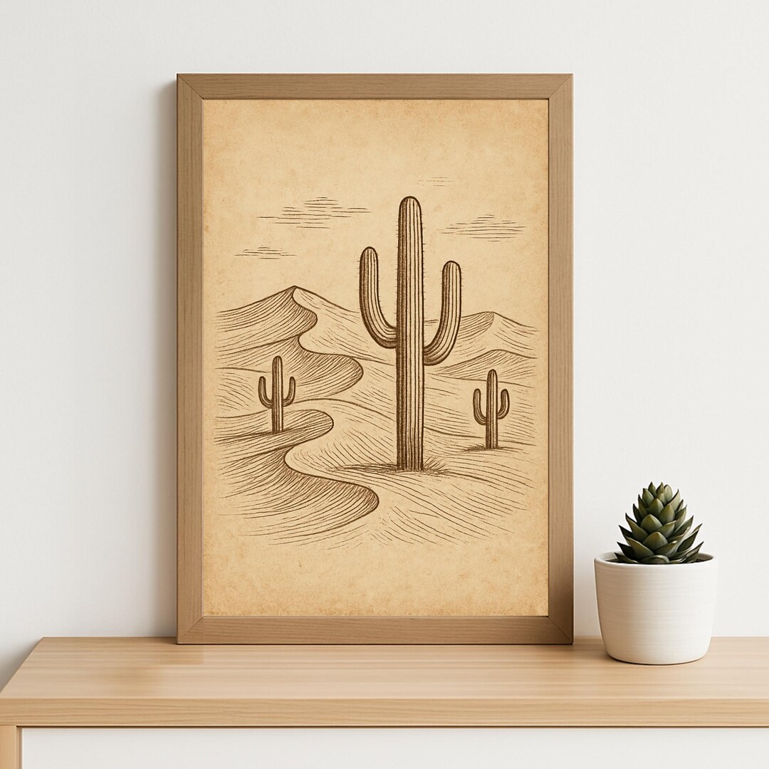 Vintage Desert Cactus Illustration Print: Desert Line Art Drawing ...