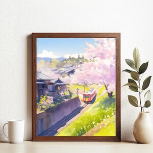 Affiche printemps train Sakura - Art de la campagne japonaise aquarelle, impression de chemin de fer de fleurs de cerisier d'inspiration anime, paysage de voyage de rêve
