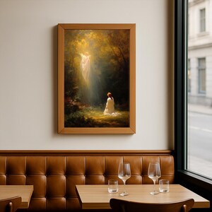 May include: A framed painting depicts a spiritual scene with a figure kneeling before a radiant, angelic being in a forest setting. The artwork features warm, earthy tones and a soft, ethereal glow, creating a sense of reverence and peace.