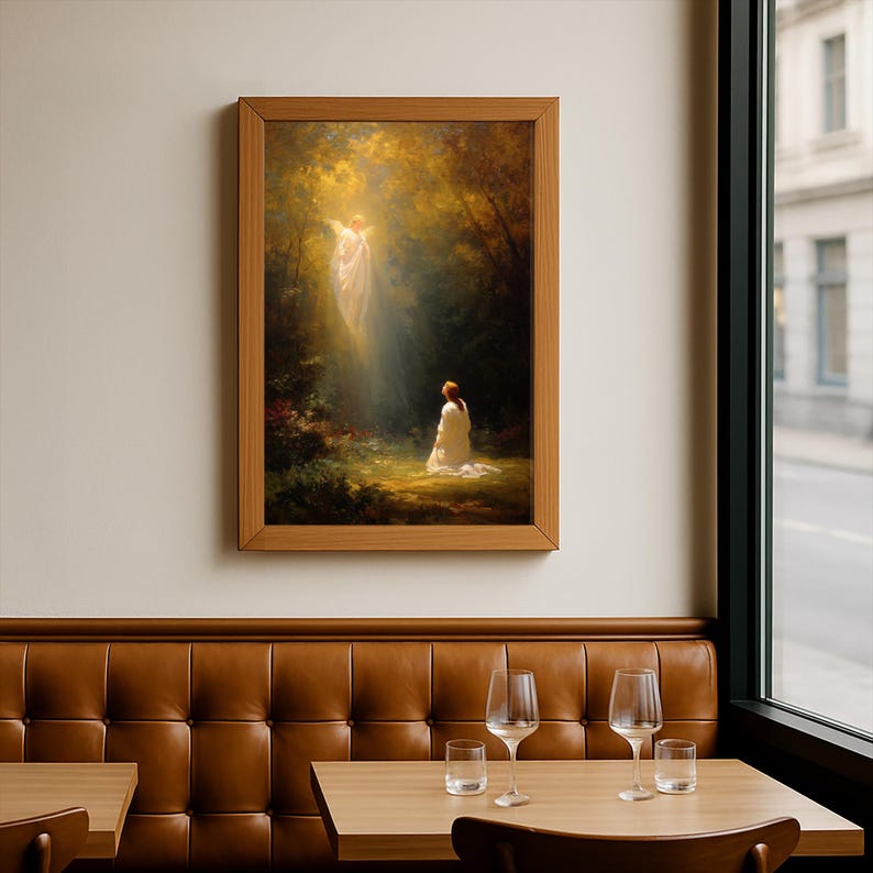 May include: A framed painting depicts a spiritual scene with a figure kneeling before a radiant, angelic being in a forest setting. The artwork features warm, earthy tones and a soft, ethereal glow, creating a sense of reverence and peace.