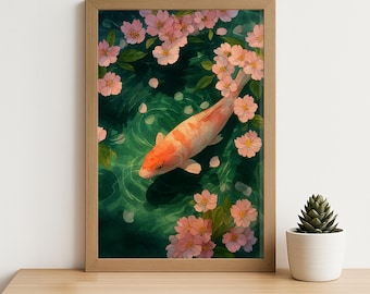 Koi Fish and Cherry Blossom Wall Art - Tranquil Japanese Watercolor Pond Print, Zen Nature Decor, Peaceful Art for Meditation Space