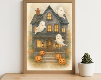 May include: Watercolour painting of a haunted house with ghosts and jack-o'-lanterns. The grey house has lit windows, spiderwebs, and a brown door. Three white ghosts float around the house, and four carved pumpkins sit on the steps. The artwork is in a wooden frame.