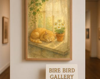 Sleeping Cat by the Window Watercolor Print - Cozy Cottagecore Wall Art, Floral Lace Curtain, Peaceful Vintage-Style Digital Illustration