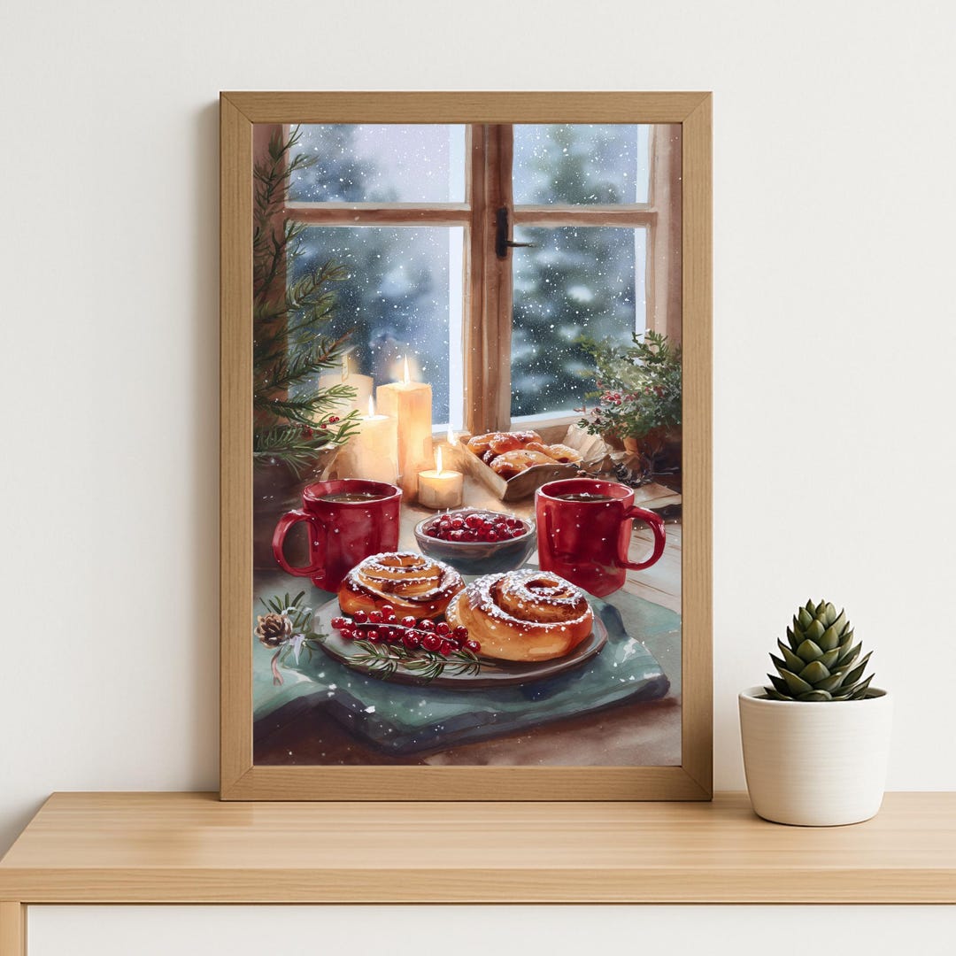 Cozy Christmas Kitchen Art: Watercolor Winter Window With Cinnamon ...
