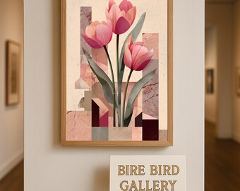 Abstract Tulip Wall Art Print - Modern Floral Collage Poster in Pink and Terracotta Tones, Contemporary Botanical Digital Download