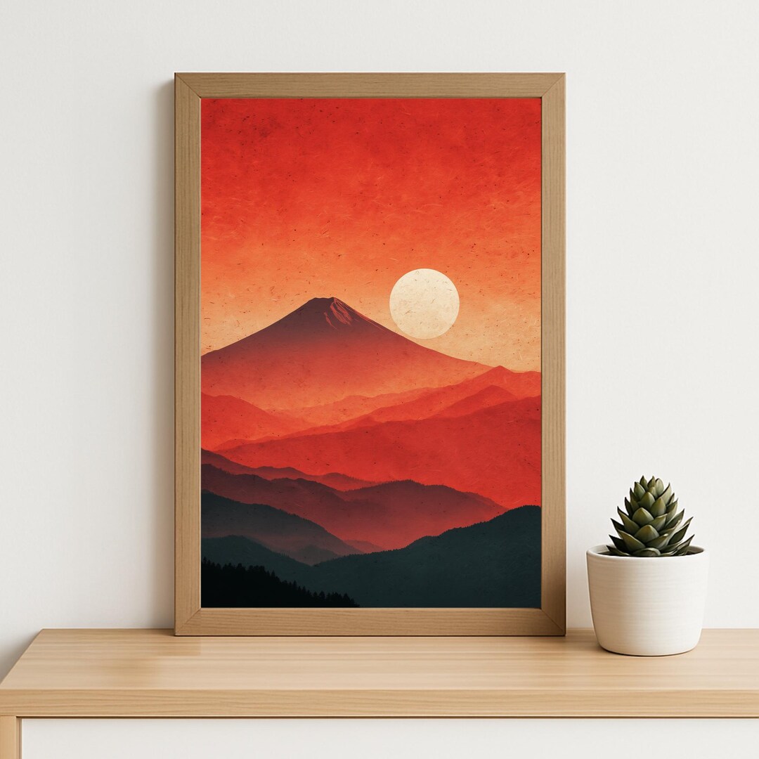 Mount Fuji Sunset Art Print: Minimal Japanese Landscape Wall Art, Red ...
