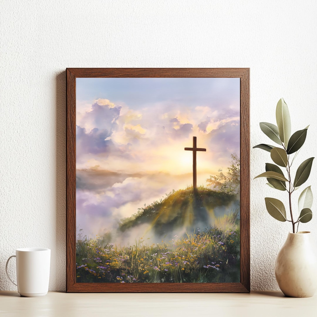 Christian Cross Sunrise Art Print – Wooden Cross on Hill With Sunrise ...