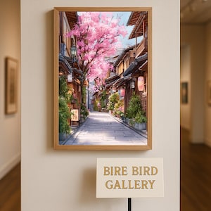 Kyoto Cherry Blossom Alley Wall Art – Traditional Japanese Street with Sakura Trees Digital Print for Tranquil Zen-Inspired Home Decor