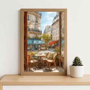 Paris Street Café Wall Art – Watercolor French Bistro View from Table Print, Vintage Travel Poster for Cozy European Decor