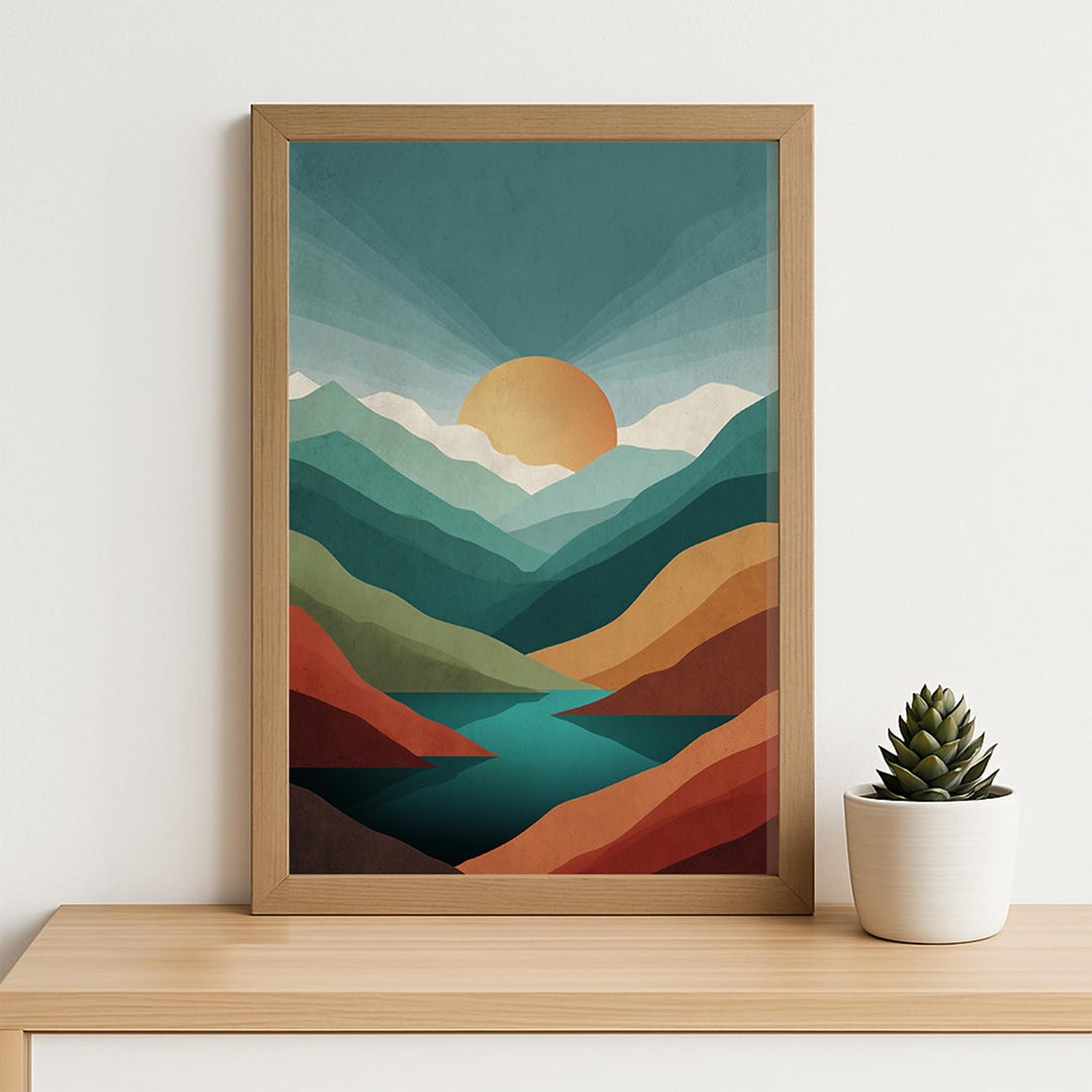 Abstract Mountain Sunset Wall Art – Minimalist Geometric Landscape ...