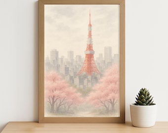 Tokyo Tower Watercolor Print | Cherry Blossom Spring Wall Art | Soft Japan Cityscape Poster | Digital Download